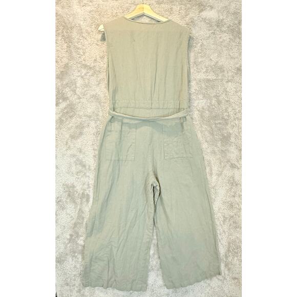 The Shanty Flax Linen Sage Green Jumpsuit Romer Tie Waist Utility L Large - Picture 4 of 11